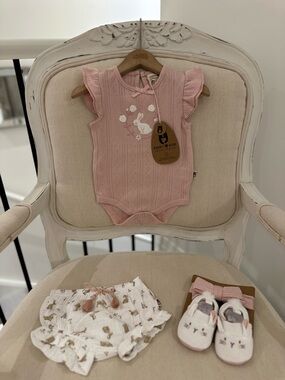 🩰 6~9 Mth Organic Cotton Pointelle Knit Bunny Flutter-Sleeve Baby Outfit NWT